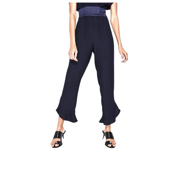 ZARA Jumpsuit SZ S Navy Blue Sleeveless Frilled Leg Sash Waist Ankle Length - Picture 3 of 14